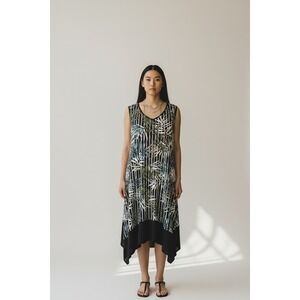 Tacera Womens 1X Tropical Palm Print Sharkbite Hem Dress with Necklace Black XL